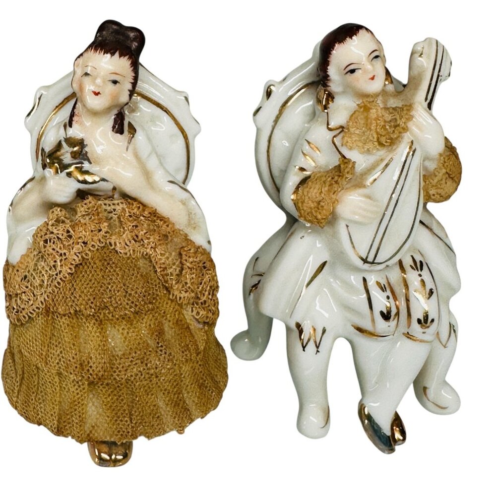 VTG Porcelain Lace Figurine Lot Dresden Style Victorian Lady Musician Mandolin